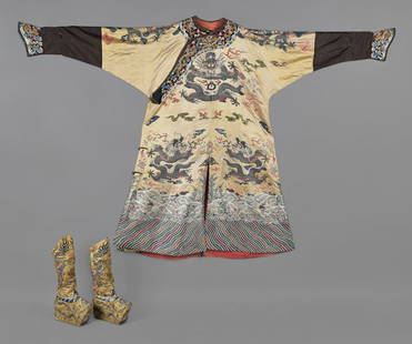 Chinese embroidered yellow silk robe with matchi: Chinese embroidered yellow silk robe with matching boots.