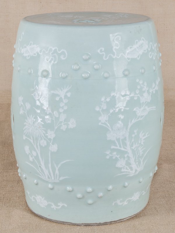 Chinese export celadon garden seat, 19th c., wi: Chinese export celadon garden seat, 19th c., with bird and floral decoration, 18 3/4'' h., 12 3/4'' dia.