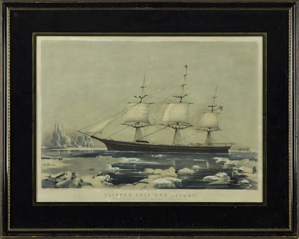 Color lithograph of the Clipper ship Red Jacket: Color lithograph of the Clipper ship Red Jacket, published 1855, by N. Currier, 16'' x 23 1/2''.