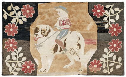 Hooked rug of a young girl riding a dog, ca. 187