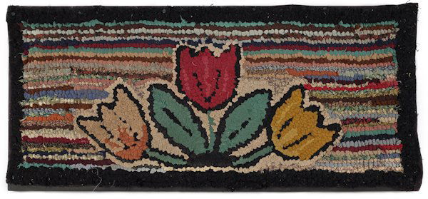 Four hooked rug stair treads, 20th c., with flo: Four hooked rug stair treads, 20th c., with floral decoration on variegated backgrounds, 10 1/2'' x 25 1/4''.