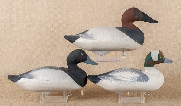 Two carved and painted duck decoys, both signed: Two carved and painted duck decoys, both signed and dated R. Madison Mitchell 1972, 15'' l. and 15 1/2'' l., together with a carved and painted widgeon, signed and dated 1973, 14'' l.