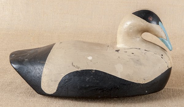 Canadian carved and painted eider decoy, ca. 193: Canadian carved and painted eider decoy, ca. 1930, attributed to Jesse Obed, Nova Scotia, 14 1/4'' l.