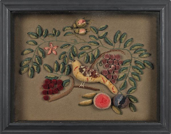 Woolwork diorama of a bird, 19th c., perched on: Woolwork diorama of a bird, 19th c., perched on a branch, 13 1/2'' x 18''.