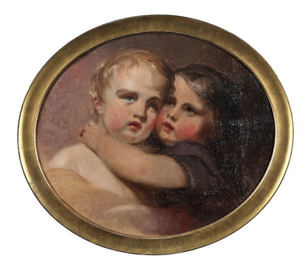Thomas Sully (American 1811-1847), oil on canva: Thomas Sully (American 1811-1847), oil on canvas portrait of two children, titled Affection, initialed verso and dated 1865, 17'' x 20''.