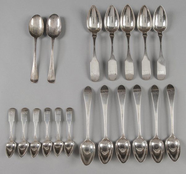 Philadelphia coin silver spoons, 18th/19th c.,: Philadelphia coin silver spoons, 18th/19th c., to include a set of six serving spoons by David Hall, a set of five serving spoons by Aime & Charles Brandt, six teaspoons by James Peters, and a pair of