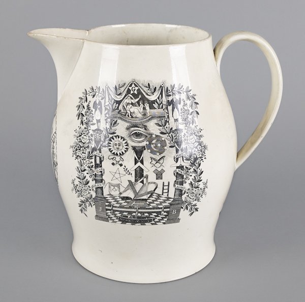 Massive Liverpool masonic pitcher, 19th c., 10: Massive Liverpool masonic pitcher, 19th c., 10 3/4'' h.