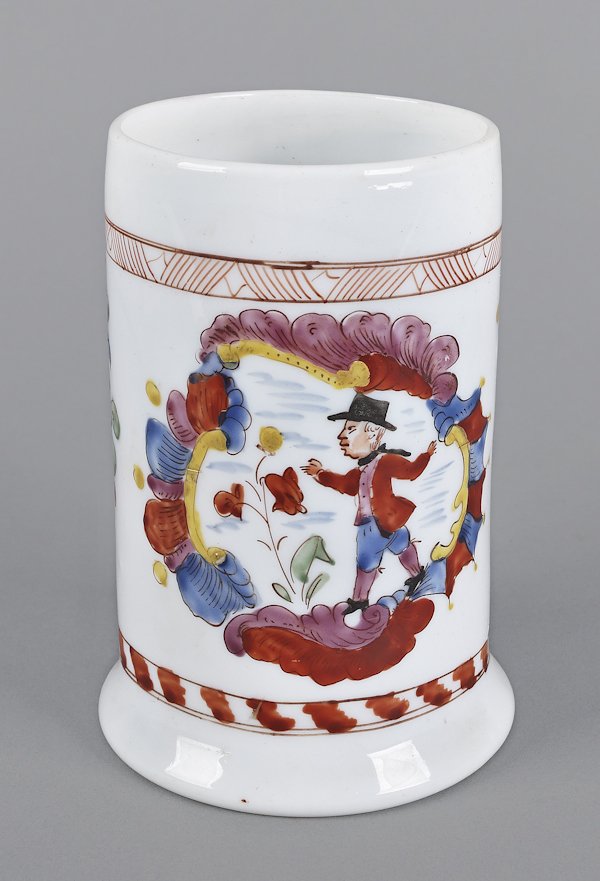 Stiegel type milk glass mug, 19th c., with enam: Stiegel type milk glass mug, 19th c., with enamel decoration of a gentleman flanked by floral sprays, 6'' h.