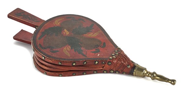 Painted bellows, ca. 1835, retaining its origin: Painted bellows, ca. 1835, retaining its original fruit decoration on a red ground, 18'' l.