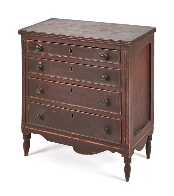 Miniature Pennsylvania Sheraton painted pine che: Miniature Pennsylvania Sheraton painted pine chest of drawers, ca. 1830, retaining its original red surface, 21 1/2'' h., 18 1/2'' w.