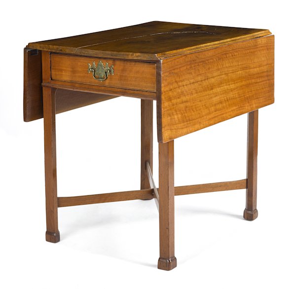 Delaware Valley mahogany Chippendale Pembroke ta: Delaware Valley mahogany Chippendale Pembroke table, ca. 1780, with a drop leaf top overhanging a base with a single drawer and Marlborough legs joined by a cross stretcher, 28'' h., 30 3/4'' w., 20 1