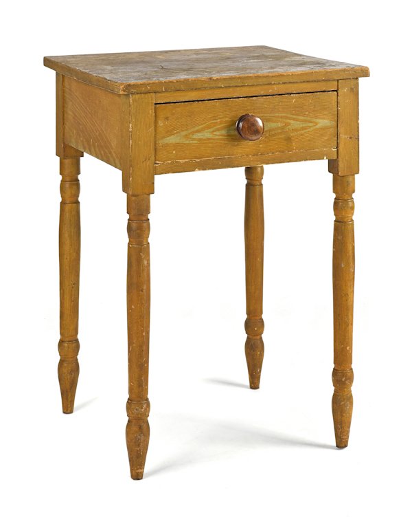 Pennsylvania Sheraton painted poplar one-drawer: Pennsylvania Sheraton painted poplar one-drawer stand, 19th c., retaining its original ochre grain decorated surface, 29 3/4'' h., 19 1/2'' w.