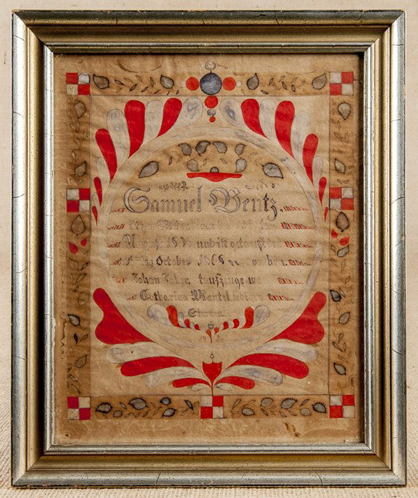 Samuel Bentz (Lancaster County, Pennsylvania 179: Samuel Bentz (Lancaster County, Pennsylvania 1792-1850), ink and watercolor fraktur marriage certificate, dated 1824, 10'' x 8''.