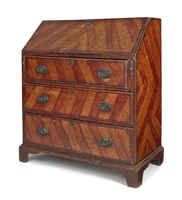Painted pine slant front desk, ca. 1800, retain: Painted pine slant front desk, ca. 1800, retaining its original faux bird's-eye and striped graining, 42'' h., 36 1/4'' w.