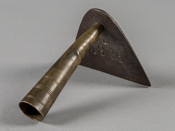 Peter Derr (Berks County, Pennsylvania 1793-1868: Peter Derr (Berks County, Pennsylvania 1793-1868), brass and wrought iron dough scraper, stamped P.D 1836, 2 1/4'' h., 3 3/4'' l.