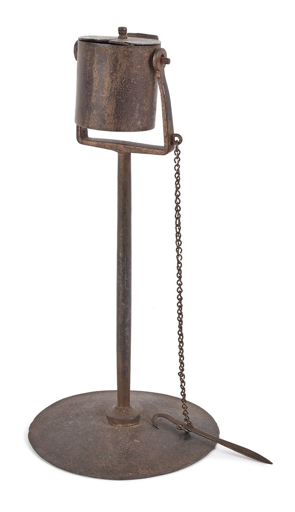 Peter Derr (Berks County, Pennsylvania 1793-1868: Peter Derr (Berks County, Pennsylvania 1793-1868), wrought iron Staff of David Gallows Lamp, stamped P. Derr 1818, 12'' h. This unique example by Derr was a personal milestone executed at the age of 2