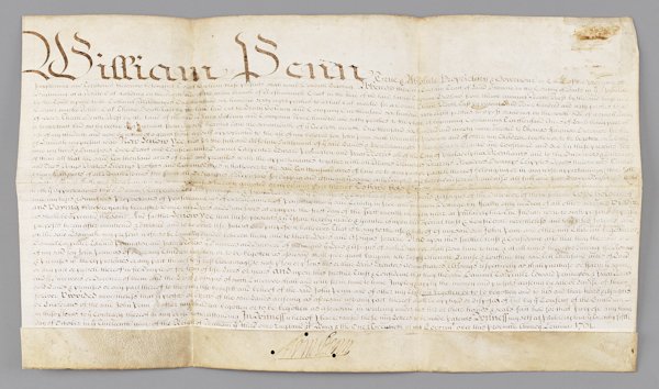 Pennsylvania ink on vellum land grant, dated 17: Pennsylvania ink on vellum land grant, dated 1701, conveying 10,000 acres in Bucks County to trustees for John Penn presumably to his newborn son, John Penn, signed by William Penn, 14'' x 23''.