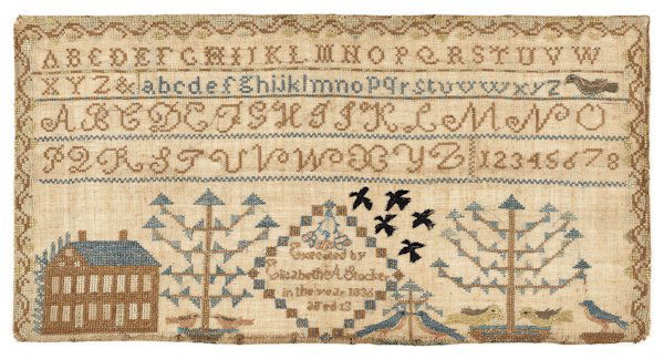 Ohio silk on linen sampler, dated 1836, wroug: Ohio silk on linen sampler, dated 1836, wrought by Elisabeth A. Stocker, with alphabet over a house and trees, 8 3/4'' x 17''. Genealogical records indicated an Elisabeth Stocker was born in 1823, in