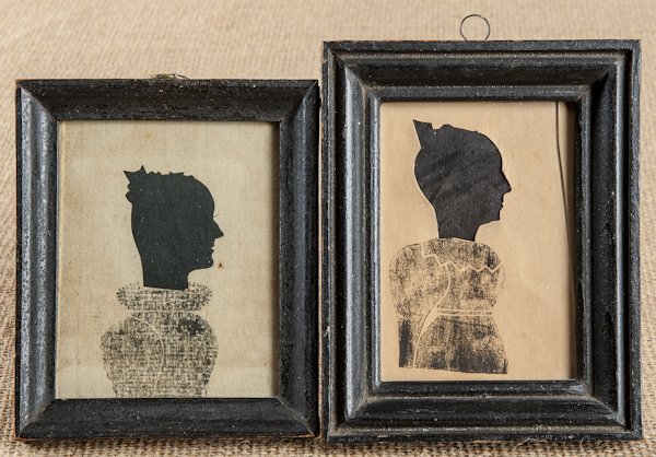 Two New England hollowcut and block printed silh: Two New England hollowcut and block printed silhouettes, ca. 1830, of young ladies, 3 1/2'' x 2 1/2'' and 3 1/2'' x 2 3/4''.