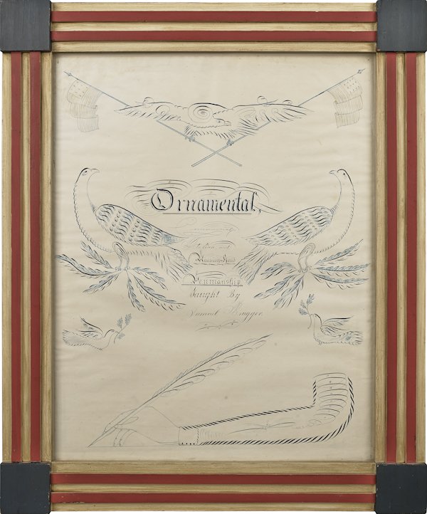 Elaborate calligraphy drawing, late 19th c., si: Elaborate calligraphy drawing, late 19th c., signed Samuel Brugger, with eagle, flags, etc., 20 1/2'' x 16''.