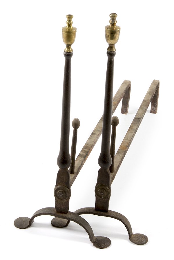 Pair wrought iron and brass andirons, 18th c.,: Pair wrought iron and brass andirons, 18th c., with urn finials, 21'' h.