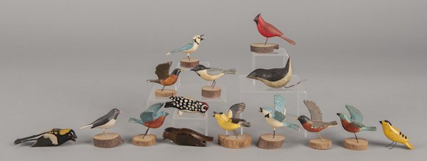 Fifteen American carved and painted birds, ca. 1: Fifteen American carved and painted birds, ca. 1940, tallest - 2 1/2''.