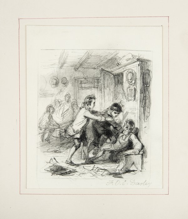 Felix Darley (American 1822-1888), two pencil d: Felix Darley (American 1822-1888), two pencil drawings of George Washington and an interior scene with school children arguing, both signed, 6 3/4'' x 4 1/4'' and 6'' x 5''.
