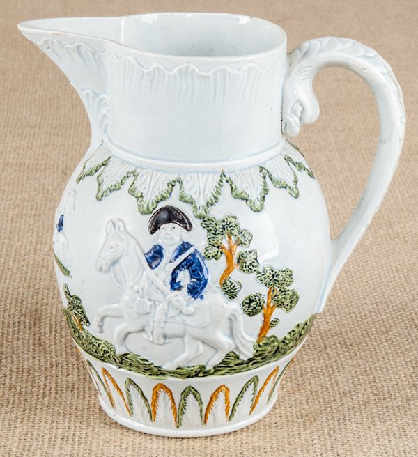 Prattware pearlware Cerberus and Duke of Cumberl: Prattware pearlware Cerberus and Duke of Cumberland pitcher, 19th c., 7 1/2'' h.