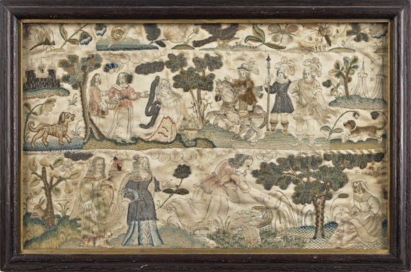 Charles I silk, metallic thread, and beadwork em: Charles I silk, metallic thread, and beadwork embroidery, mid 17th c., depicting two religious scenes, 8 1/4'' x 13 1/4''.