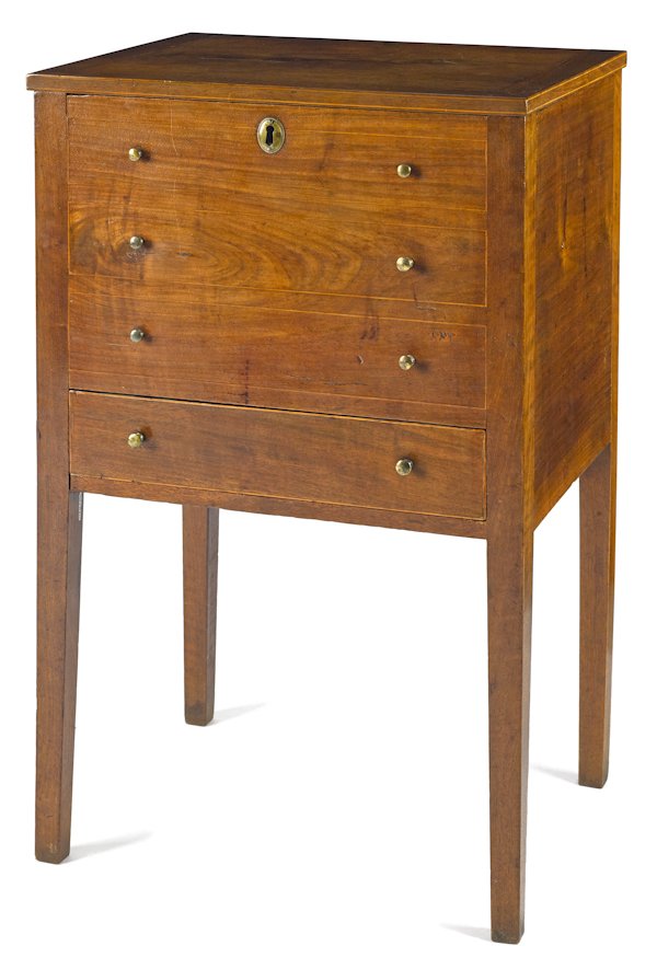 Mid-Atlantic Federal walnut cellarette, ca. 1810: Mid-Atlantic Federal walnut cellarette, ca. 1810, with a lift lid, a single drawer, and line inlay, 32 1/2'' h., 19 3/4'' w.