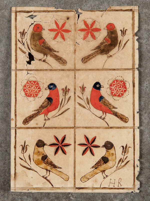 Pennsylvania watercolor fraktur, early 19th c.,: Pennsylvania watercolor fraktur, early 19th c., with six birds perched on tulip branches, 7 1/2'' x 5''.