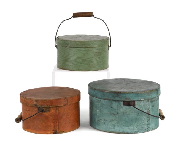 Three New England painted bentwood pantry boxes,: Three New England painted bentwood pantry boxes, 19th c., largest - 6 1/2'' h., 11 3/4'' w.