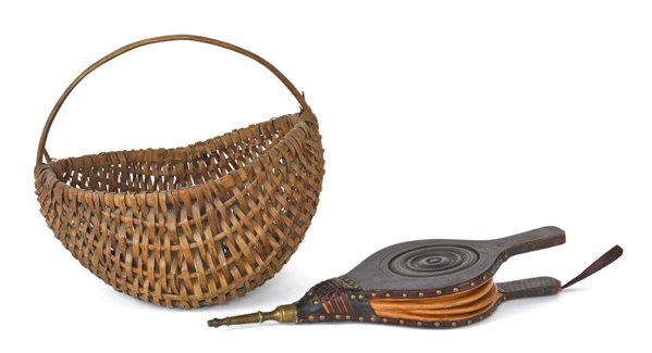 Splint oak basket, 19th c., together with a bello: Splint oak basket, 19th c., together with a bellows.