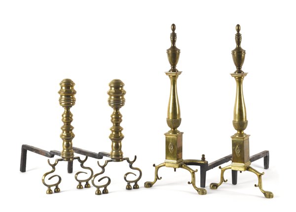 Pair of Federal brass andirons, ca. 1820, 17 1/4'': Pair of Federal brass andirons, ca. 1820, 17 1/4'' h., together with a later pair, 25 3/4'' h.
