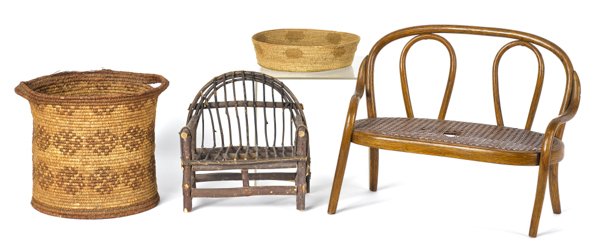 Two Native American woven baskets, together with: Two Native American woven baskets, together with two doll settees.