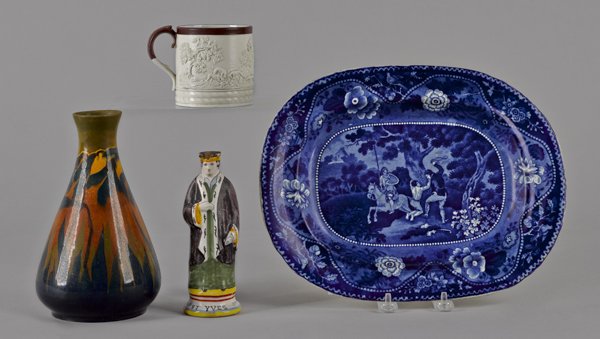 Blue Staffordshire Shepherd Boy Rescued platter,: Blue Staffordshire Shepherd Boy Rescued platter, 19th c., 9 3/4'' h., 12 1/2'' w., together with a faience figure of St. Ives, a Davenport hunt mug, and an art pottery vase.