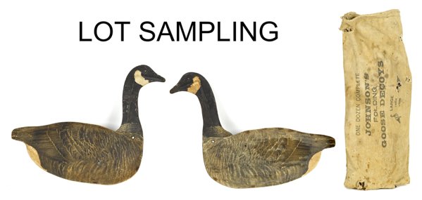 Set of eleven cardboard and iron ''Johnson's foldi: Set of eleven cardboard and iron ''Johnson's folding goose decoys'' with original canvas bag, 21 1/2'' l. Provenance: The Estate of Kristina Barbara Johnson, Princeton, NJ.