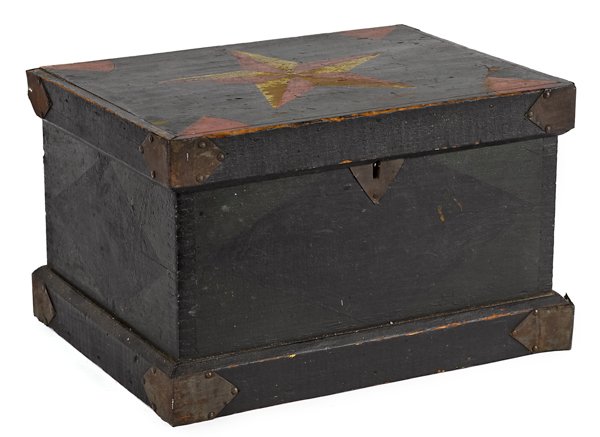 Painted pine lock box, 19th c., with a star on th: Painted pine lock box, 19th c., with a star on the lid, 8 1/2'' h., 14'' w.