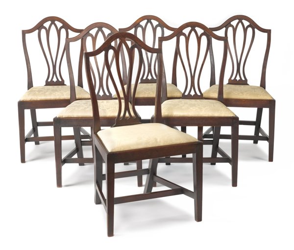 Set of six Hepplewhite mahogany dining chairs, ea: Set of six Hepplewhite mahogany dining chairs, early 19th c.