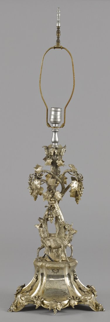 Silver plated presentation lamp, dated 1892, wi: Silver plated presentation lamp, dated 1892, with a stag, grapevine, and tree, 17 1/2'' h.