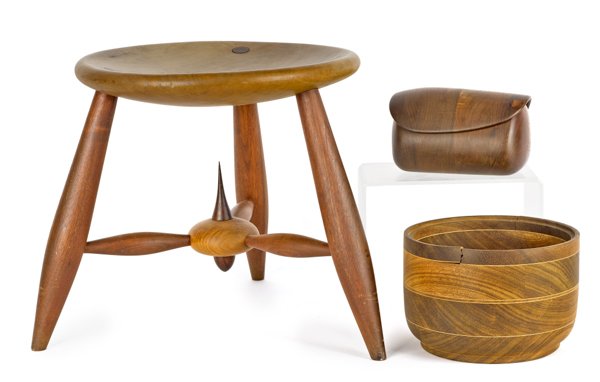 Bert Lustig walnut and maple stool, signed and da: Bert Lustig walnut and maple stool, signed and dated 1979, 15'' h., together with a Bert Lustig walnut covered box, signed and dated 1979, 9'' w., and a turned bowl, initialed RVS.