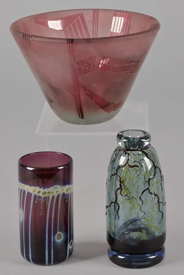 Three pieces of studio art glass, to include a Jo: Three pieces of studio art glass, to include a John Nygren vase, one unmarked, and one illegible, tallest - 6 1/2''.