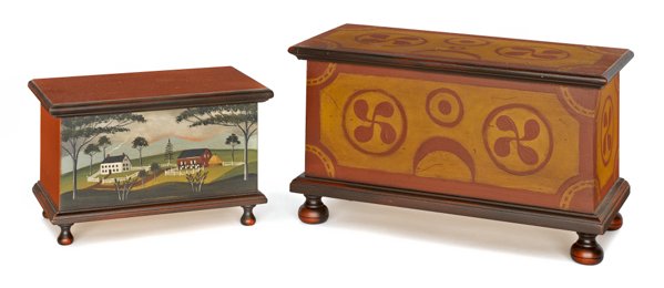 Two contemporary miniature blanket chests, signed: Two contemporary miniature blanket chests, signed Robert Enders, 8'' h., 14'' w. and 6'' h., 9 1/2'' w.