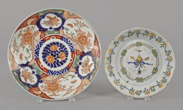 Faience plate, dated 1790, 9 1/4'' dia., togethe: Faience plate, dated 1790, 9 1/4'' dia., together with an Imari charger, 12'' dia.