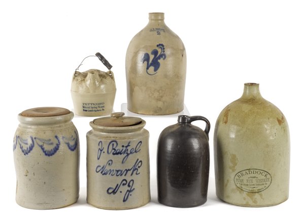 Stoneware lidded crock with cobalt script J. Bei: Stoneware lidded crock with cobalt script J. Beitzel Newark N.J., together with an A.K. Ballard jug, a Braddock whiskey jug, and three other pieces of stoneware, tallest - 15 1/2''.