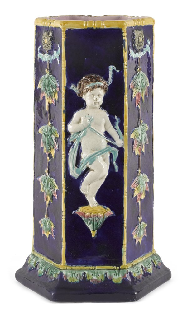 English majolica umbrella stand, 19th c., 21'' h.: English majolica umbrella stand, 19th c., 21'' h.