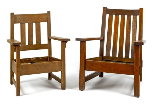 Two Stickley Quaint Furniture oak armchairs, earl: Two Stickley Quaint Furniture oak armchairs, early 20th c.