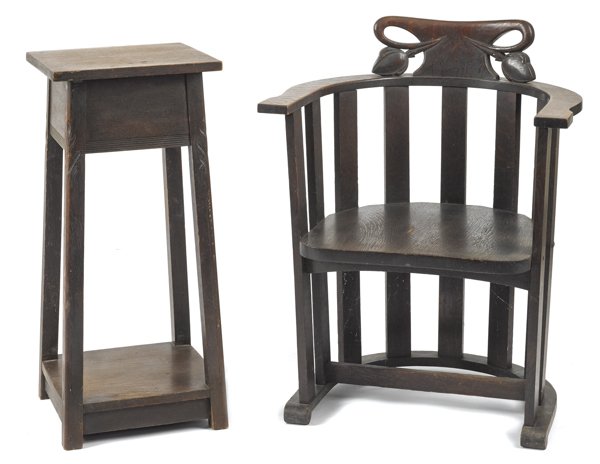 Stickley Brothers oak armchair, early 20th c., to: Stickley Brothers oak armchair, early 20th c., together with an unmarked oak arts and crafts lamp stand, 31 1/4'' h., 14'' w.