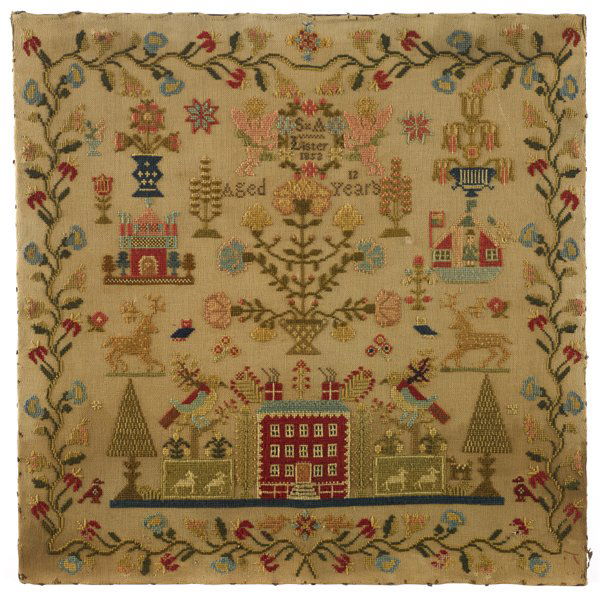 Wool needlework, dated 1852 and wrought by S L: Wool needlework, dated 1852 and wrought by S Lister, 21 1/2'' x 21 1/2''.