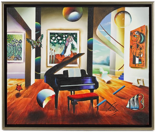 Fernando de Jesus Oliveira (American/Brazilian b.: Fernando de Jesus Oliveira (American/Brazilian b. 1946), oil on canvas surrealist interior, signed lower right, 20'' x 24''.